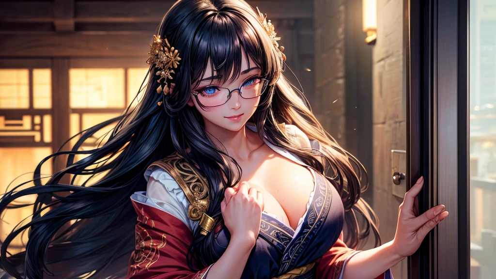 1 girl, full body, dark long hair, glowing blue eyes, glasses, yukata, standing in front of the door, big breast, blush, smiling, one hand holding the glasses, (best quality,4k,8k,highres,masterpiece:1.2),ultra-detailed,(realistic,photorealistic,photo-realistic:1.37),detailed eyes,detailed lips,extremely detailed eyes and face,long eyelashes,intricate details,soft lighting,warm colors,cinematic