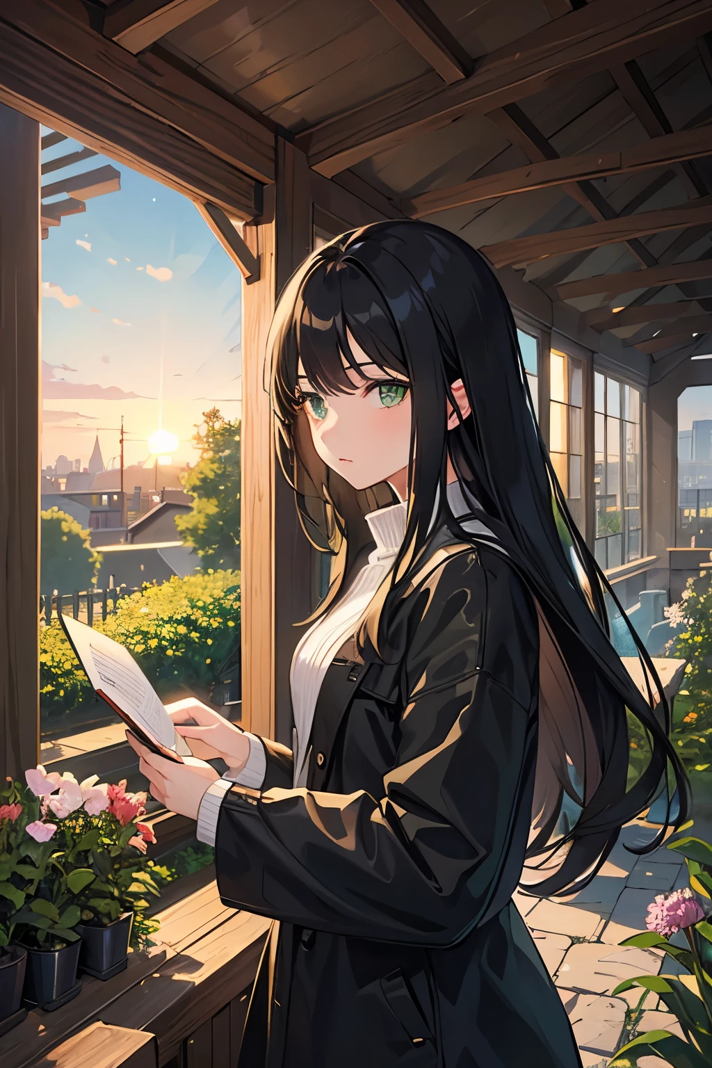 girl.Black hair.green eyes.clothes.Winter.drawing book.
In a garden.At night.Beautiful View.Sundown.clothes.Normal