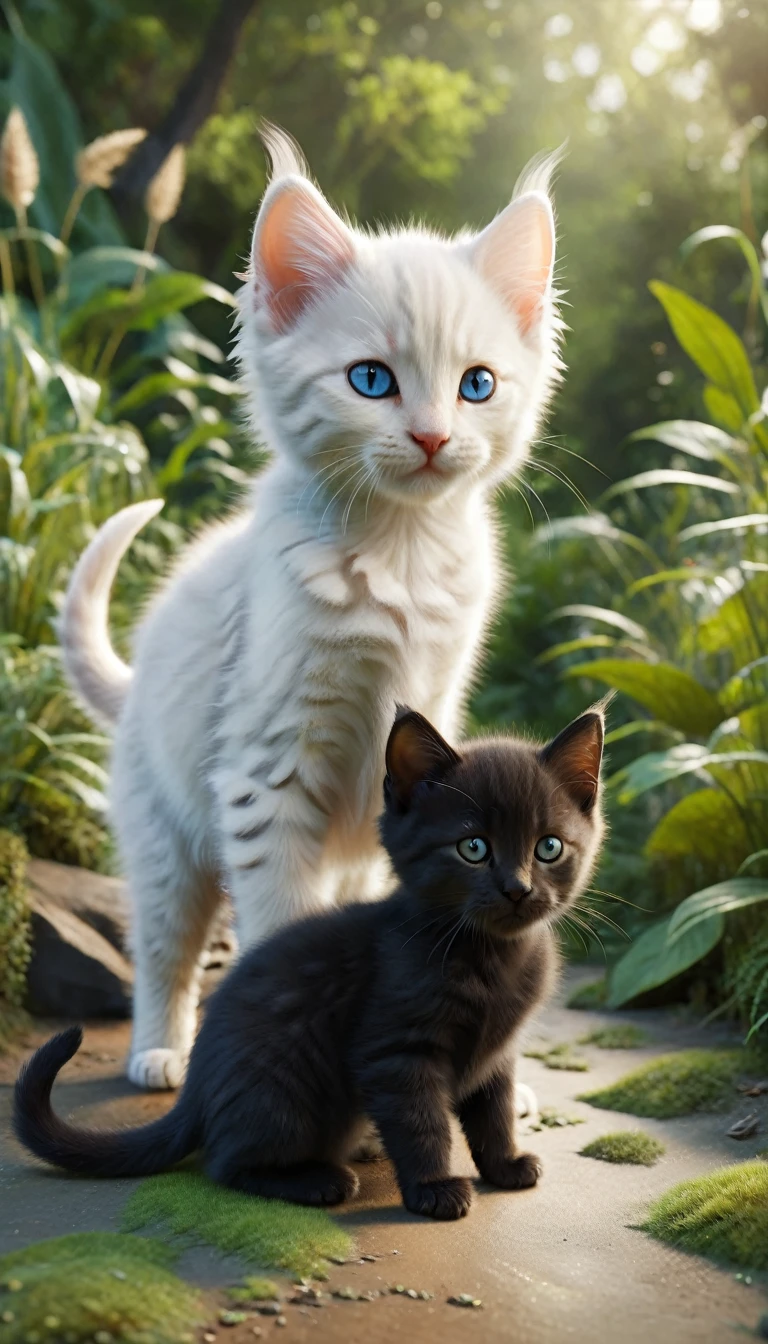 3 kittens Whiskers, Midnight, and Snowflake nuzzle each other warmly in a small clearing. Their eyes are closed in contentment, and their fur blends together. The jungle around them feels welcoming and safe. Whiskers, the orange tabby with bright green eyes, leads the chase. Midnight, the sleek black kitten with piercing yellow eyes, follows closely behind. Snowflake, the fluffy white kitten with blue eyes
