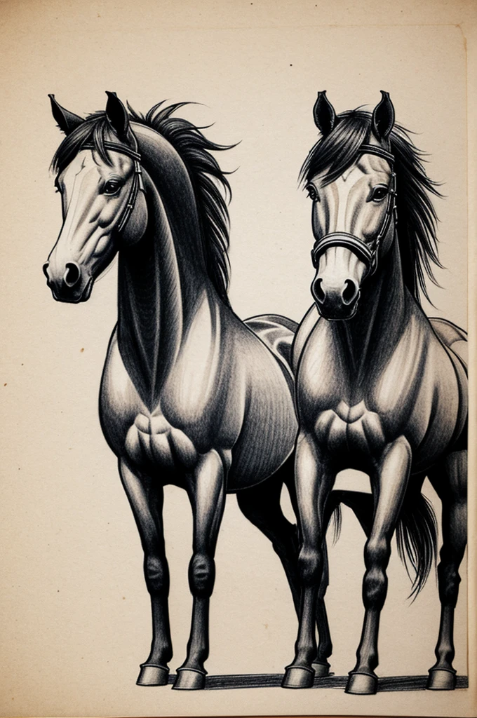 Sketches of drawings of disheveled cortis horses