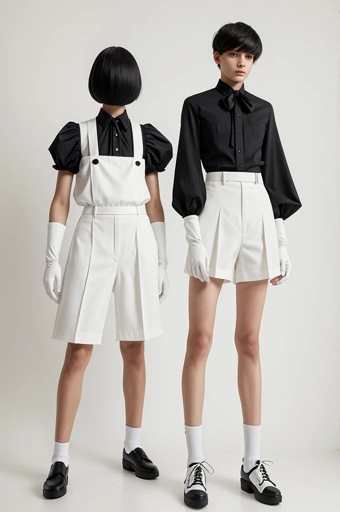 1other, androgynous, white background, concept art, black necktie, uniform, gloves, shirt, short sleeves, shorts, clothing concept, mannequin, full length, no background, simple hairstyle, details, unusual style, standing, simple shoes, ruffles, unusual sleeve, white elements, laconic design, creative shape, new cut, futuristic, cute, unusual design