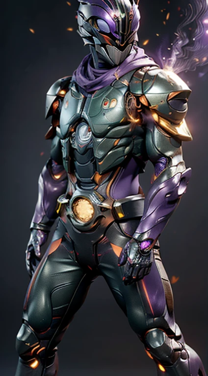 (kamen rider, (close up punch to viewer), full body detailed, detailed hands, good fingers, good hands, good legs, scarf, low hood, ruins, floating, explosion, debris, some fire and glitter background, ((purple glowing core in armor)), ultra hd, ultra realistic texture, (flare lens:1.2), (long shot:0.9)
