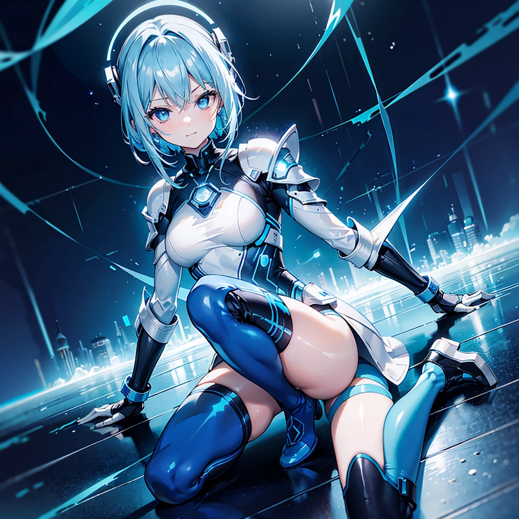 8K, Highest quality, (real:1.4), Original photo, 1 girl, Asari Hair, Biological Amplifier, Very sleek and futuristic armor, posture: Peace talks between warring factions,,attention arousal, smart blue eyes,A modest smile,Knee-high boots,Patent-look blue tights,Blue big moon and blue light swirl in the background,Blue light from behind,blue light magic,A small, glowing blue ball in the palm of your hand,Blue flame swirl,Blue Comet,Polished floor,