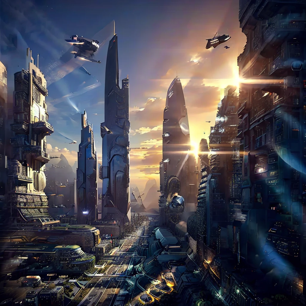 masterpiece, Maximum detail, highest degree of realism, maximum resolution. The Land of the Future, in the center are two futuristic skyscrapers made of steel and glass, shaped like pyramids. Airmobiles are flying around, from ordinary personal civilians, to special equipment: air taxi, aerial fire fighting, urgent Care, air police agromobile, cargo shuttles and multi-seat airbuses in the form of flying buses. Majestic mountains in the background, in the rays of the sunset, on the opposite side from the setting sun, rising full moon. Intergalactic shuttles take off against the background of mountains.