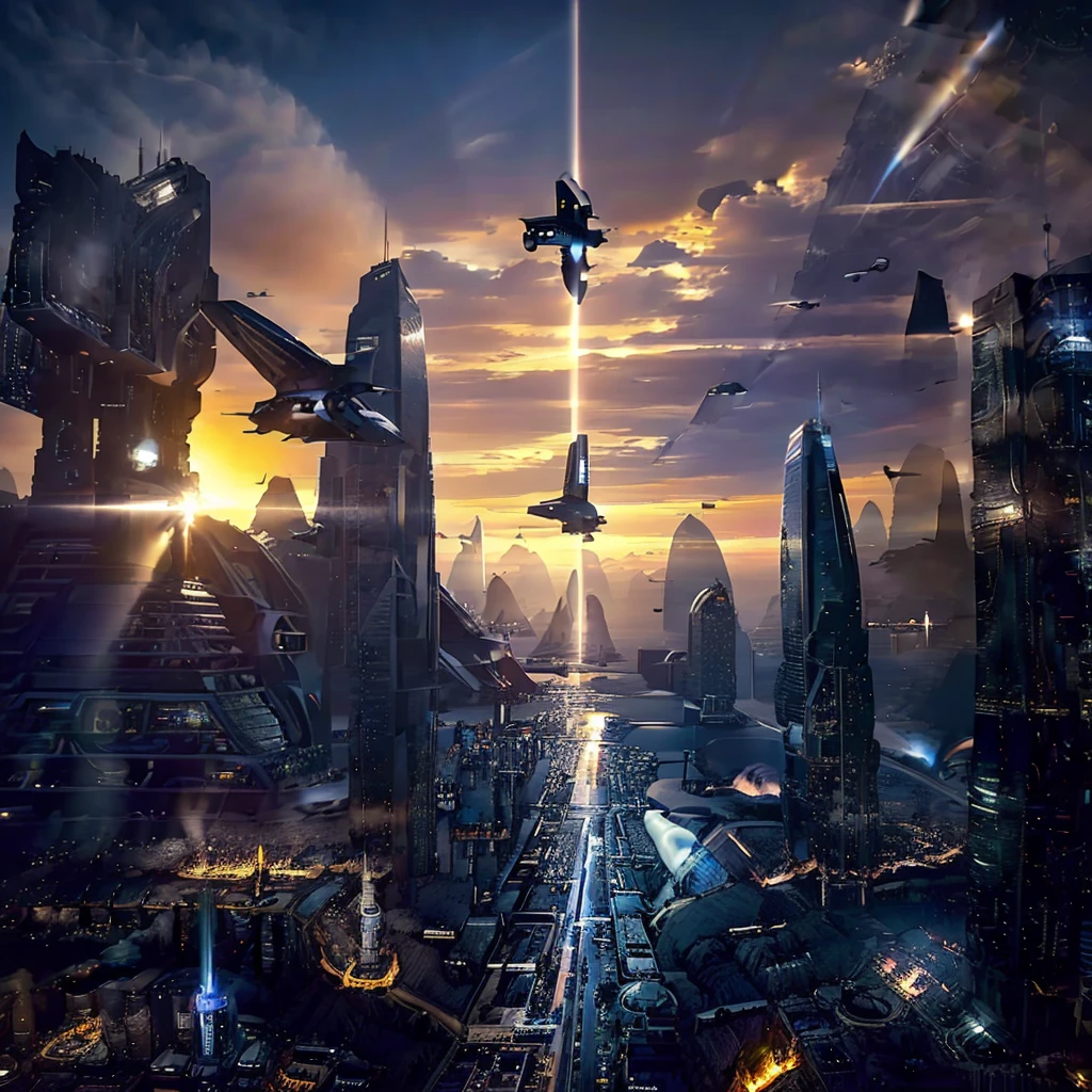 masterpiece, Maximum detail, highest degree of realism, maximum resolution. The Land of the Future, in the center are two futuristic skyscrapers made of steel and glass, shaped like pyramids. Airmobiles are flying around, from ordinary personal civilians, to special equipment: air taxi, aerial fire fighting, urgent Care, air police agromobile, cargo shuttles and multi-seat airbuses in the form of flying buses. Majestic mountains in the background, in the rays of the sunset, on the opposite side from the setting sun, rising full moon. Intergalactic shuttles take off against the background of mountains.
