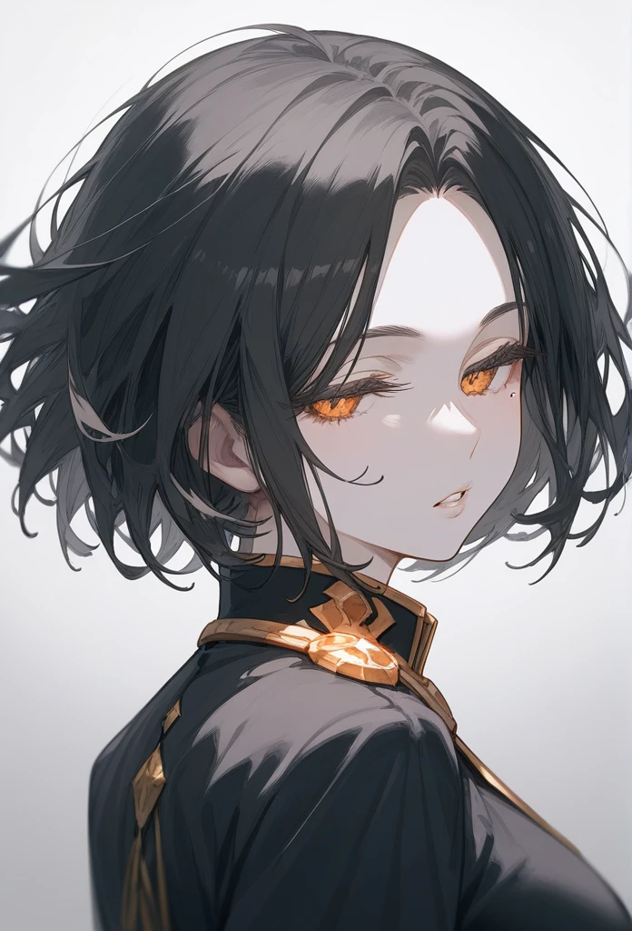 masterpiece, Score_9, Score_8_up, Score_7_up, rear view, 1 woman, alone, dark black hair, very short hair, long parted bangs, gold and orange eyes, half-closed eyes, parted lips, expressionless, pale skin, large breasts, top body,
long open bangs, with a mole under the mouth, cut style (boy), No bangs.