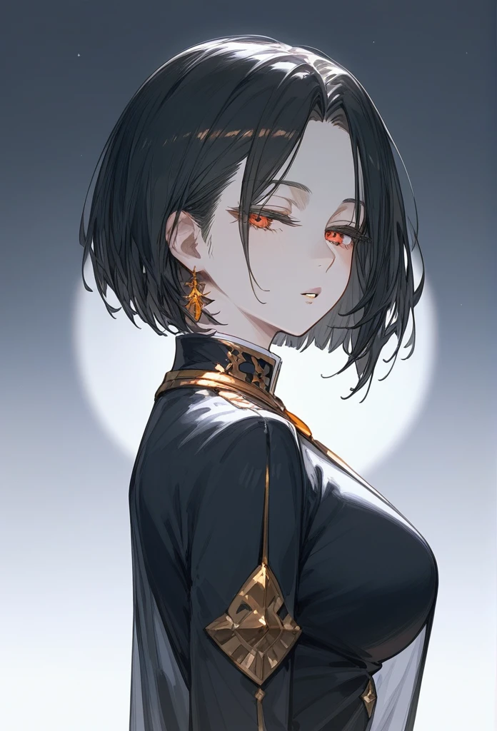 masterpiece, Score_9, Score_8_up, Score_7_up, rear view, 1 woman, alone, dark black hair, very short hair, long parted bangs, gold and orange eyes, half-closed eyes, parted lips, expressionless, pale skin, large breasts, top body,
long open bangs, with a mole under the mouth, cut style (boy), No bangs.