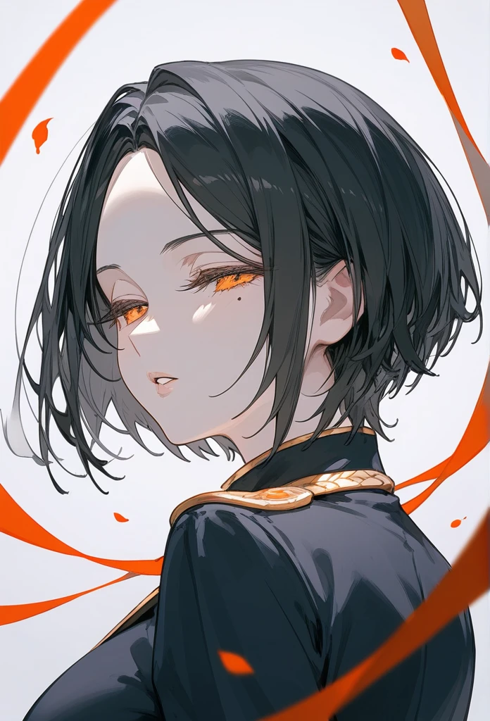 masterpiece, Score_9, Score_8_up, Score_7_up, rear view, 1 woman, alone, dark black hair, very short hair, long parted bangs, gold and orange eyes, half-closed eyes, parted lips, expressionless, pale skin, large breasts, top body,
long open bangs, with a mole under the mouth, cut style (boy), No bangs.