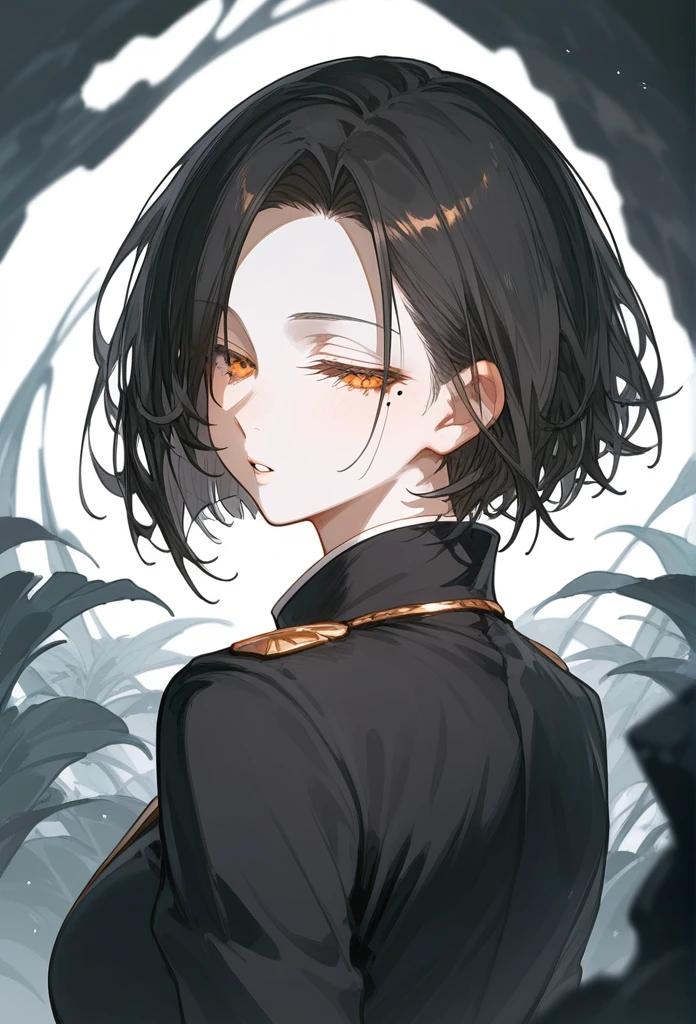 masterpiece, Score_9, Score_8_up, Score_7_up, rear view, 1 woman, alone, dark black hair, very short hair, long parted bangs, gold and orange eyes, half-closed eyes, parted lips, expressionless, pale skin, large breasts, top body,
long open bangs, with a mole under the mouth, cut style (boy), No bangs.