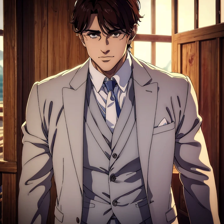 best quality,4k,8k,highres,masterpiece:1.2),ultra-detailed,(realistic,photorealistic,photo-realistic:1.37), a man , mappa art style, heart-shaped face with sharp jawline, brown almond-shaped eyes with positive canthal tilt , his hair are unique well styled, his hair color is dark brown, he looks handsome, he is fair, he has well built body, he is wearing white colour wedding three piece suit, he is slightly smiling, vibrant color, behind him a cabin