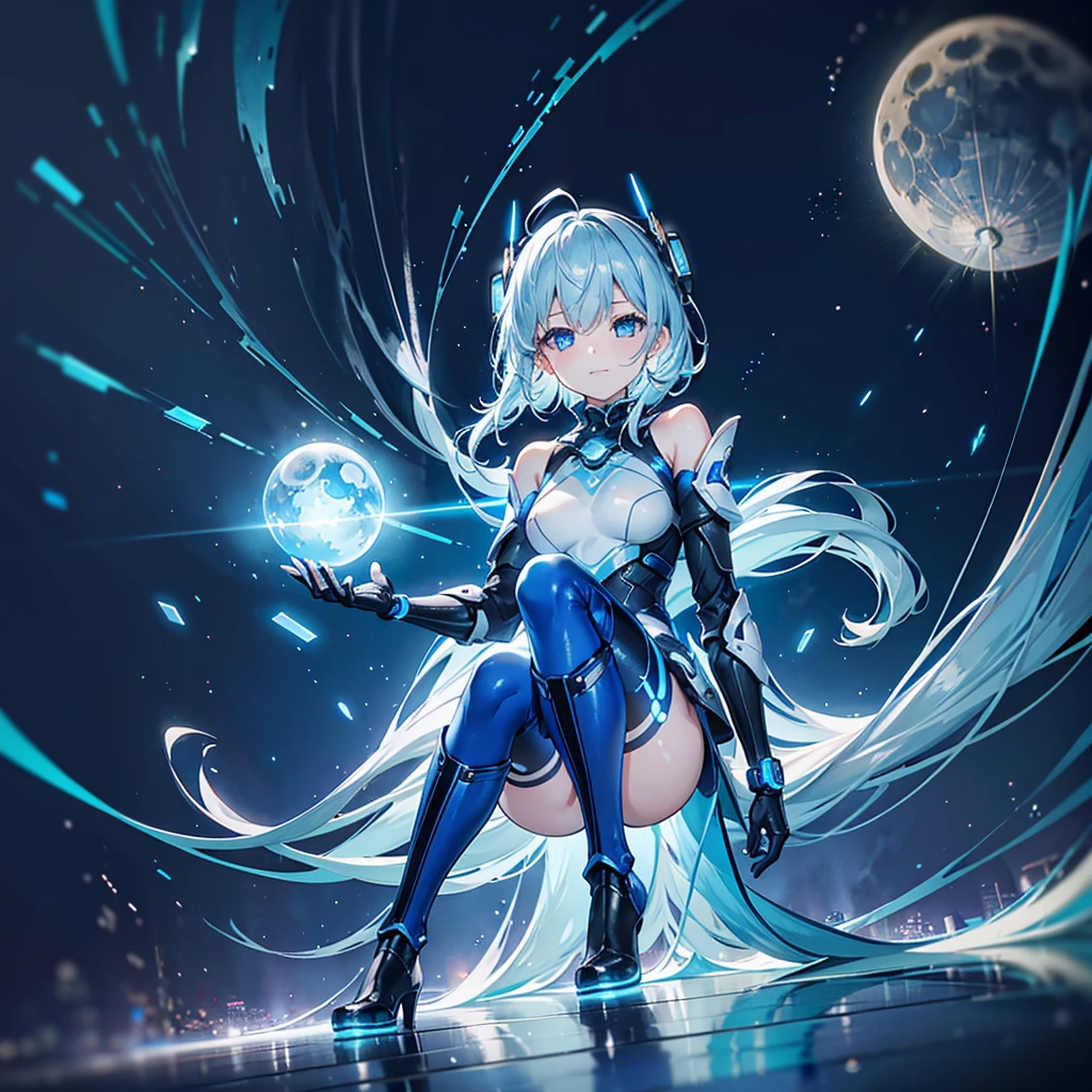 8K, Highest quality, (real:1.4), Original photo, 1 girl, Asari Hair, Biological Amplifier, Very sleek and futuristic armor, posture: Peace talks between warring factions,,attention arousal, smart blue eyes,A modest smile,Knee-high boots,Patent-look blue tights,Blue big moon and blue light swirl in the background,Blue light from behind,blue light magic,A small, glowing blue ball in the palm of your hand,Blue flame swirl,Blue Comet,Polished floor,