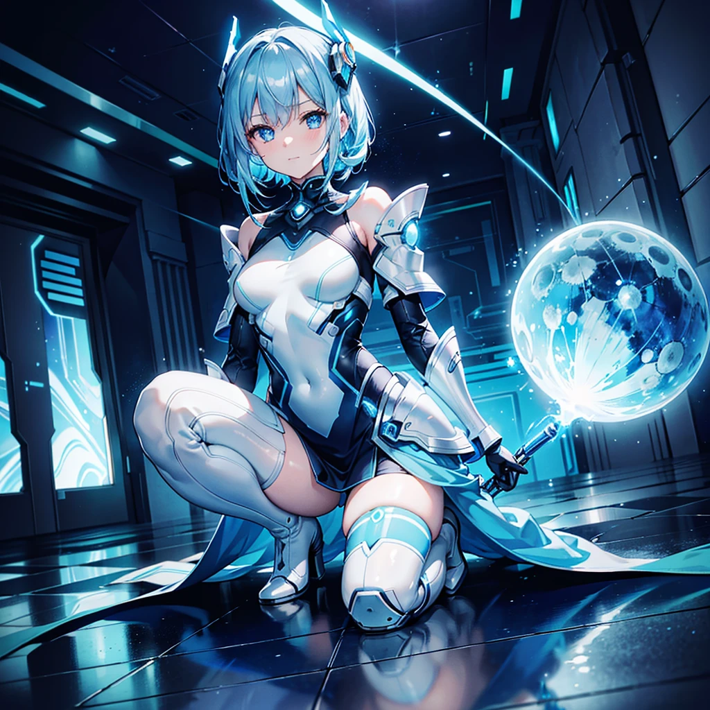 8K, Highest quality, (real:1.4), Original photo, 1 girl, Asari Hair, Biological Amplifier, Very sleek and futuristic armor, posture: Peace talks between warring factions,,attention arousal, smart blue eyes,A modest smile,Knee-high boots,Patent-look blue tights,Blue big moon and blue light swirl in the background,Blue light from behind,blue light magic,A small, glowing blue ball in the palm of your hand,Blue flame swirl,Blue Comet,Polished floor,