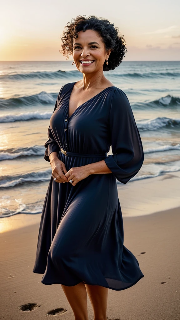 **"A stunning 58-year-old woman with black curly hair, styled in a chic updo, smiling warmly. She is standing on a beautiful beach at sunset, with the ocean waves gently crashing behind her. She is wearing a stylish summer dress that accentuates her confident and elegant presence."**