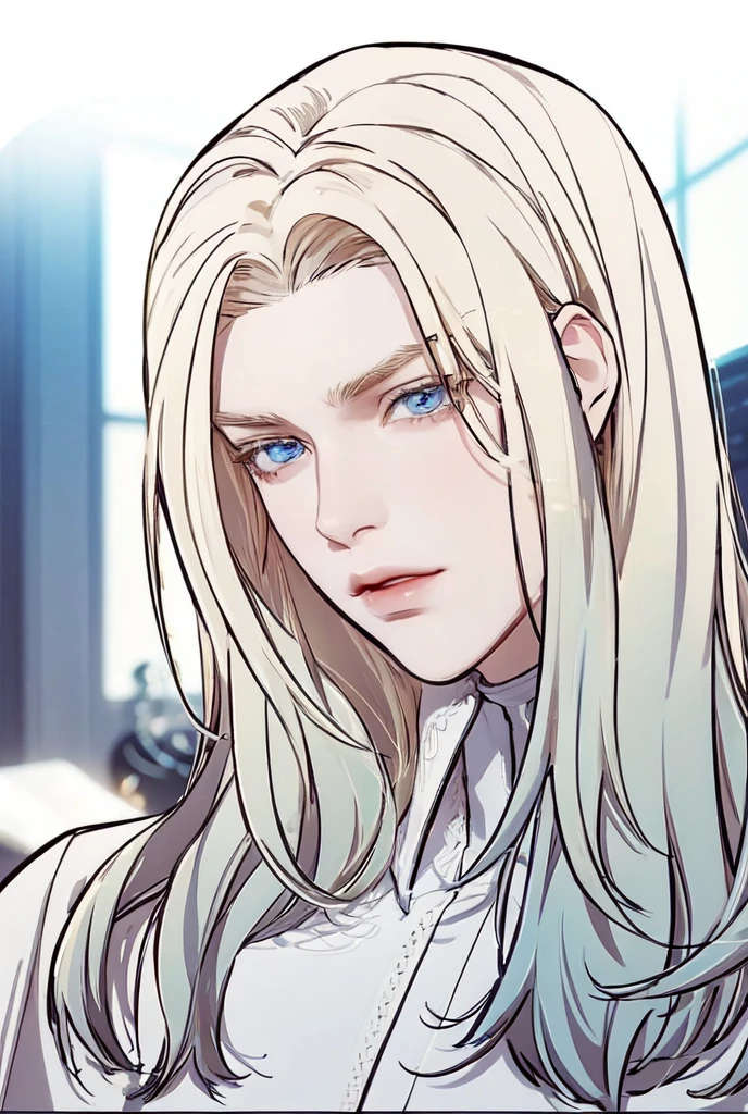 1man, perfect eye, perfect illumination, blonde hair, dark blue eyes, unreal engine, sidelighting, detailed face, bangs, bright skin, simple background, dark background