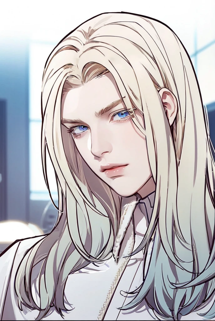 1man, perfect eye, perfect illumination, blonde hair, dark blue eyes, unreal engine, sidelighting, detailed face, bangs, bright skin, simple background, dark background