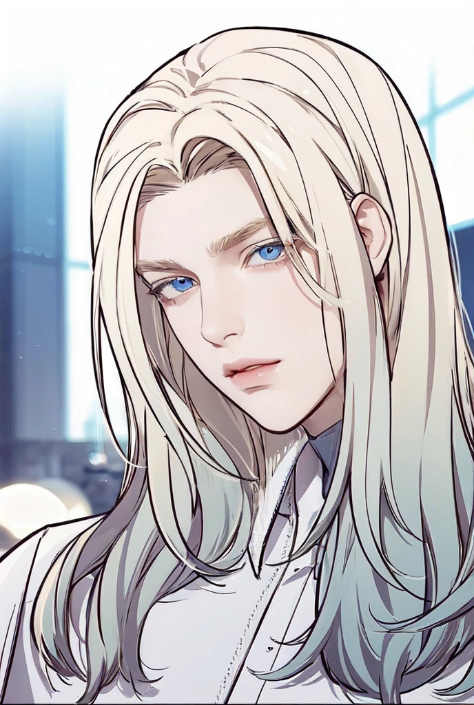 1man, perfect eye, perfect illumination, blonde hair, dark blue eyes, unreal engine, sidelighting, detailed face, bangs, bright skin, simple background, dark background