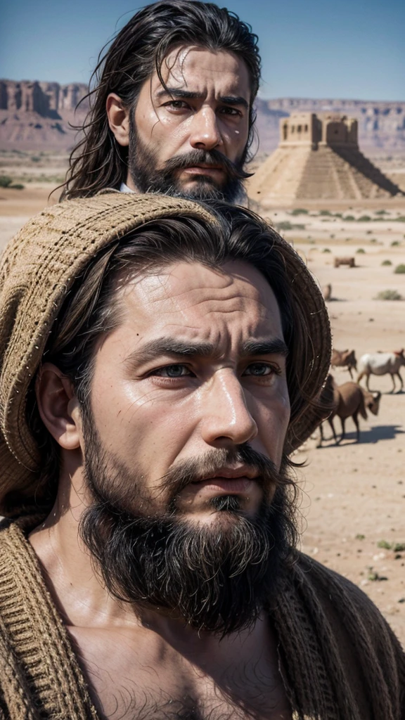 Description: Abraham is a central figure in the Bible, known as the patriarch of the Israelite people. He is recognized for his unshakable faith in God and his obedience, being called by God to leave his homeland and go to the promised land. Abraham is also a key figure in Christianity, Judaism and Islam.

Physical characteristics:

kor: Around 75 years old, but still vigorous and full of vitality.
Height: approximately 1,75 meters.
physical build: sturdy body, strong due to his life as a nomadic herder.
eyecolor: Deep browns, expressing wisdom and determination.
body hair: body hairs grisalhos e barba longa, both well-groomed and wavy, showing your age and dignity.
Facial expression: Abraham must have an expression of wisdom, compassion and determination. Your look should convey confidence and serenity, reflecting your unshakable faith.

Environment and Setting Location: Canaan Desert, an important region in the biblical narrative of Abraham.

era: Old Testament Period.

Scenario details:

paisaje: Arid terrain with low hills and sparse vegetation typical of the desert.
Additional Elements: Nomad tents in the background, a herd of sheep and goats grazing, and maybe some loaded camels, indicating the nomadic life of Abraham.
buildings: Ruins of ancient stone altars, highlighting Abraham&#39;s spiritual connection with God.
Objects: Shepherd&#39;s staff in Abraham&#39;s hand, clay jugs and travel utensils around.
Style and Quality Artistic style: realistic and detailed, with meticulous attention to historical and cultural details.

Paleta de cores: Earthy and natural tones, like brown, ocher, and soft greens, with soft lighting and realistic shadows that highlight the texture of the setting and character.

resolution: 4K ou superior, with high definition and sharpness to capture every detail.

Proportions and anatomy: Precise anatomy and realistic proportions, portraying Abraham authentically.


