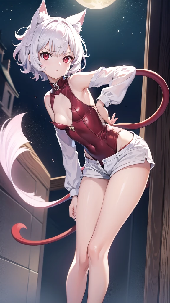 neferpitou, neferpitou, short hair, (red eyes:1.5), long sleeves, animal ears, tail, white hair, shorts, cat ears, cat tail, curly hair, (small breast:1.2), BREAK looking at viewer, BREAK outside, BREAK (masterpiece:1.2), best quality, high resolution, unity 8k wallpaper, (illustration:0.8), (beautiful detailed eyes:1.6), extremely detailed face, perfect lighting, extremely detailed CG, (perfect hands, perfect anatomy),castle,towers,nights,stars,moon,starfall,bend over, angry face.