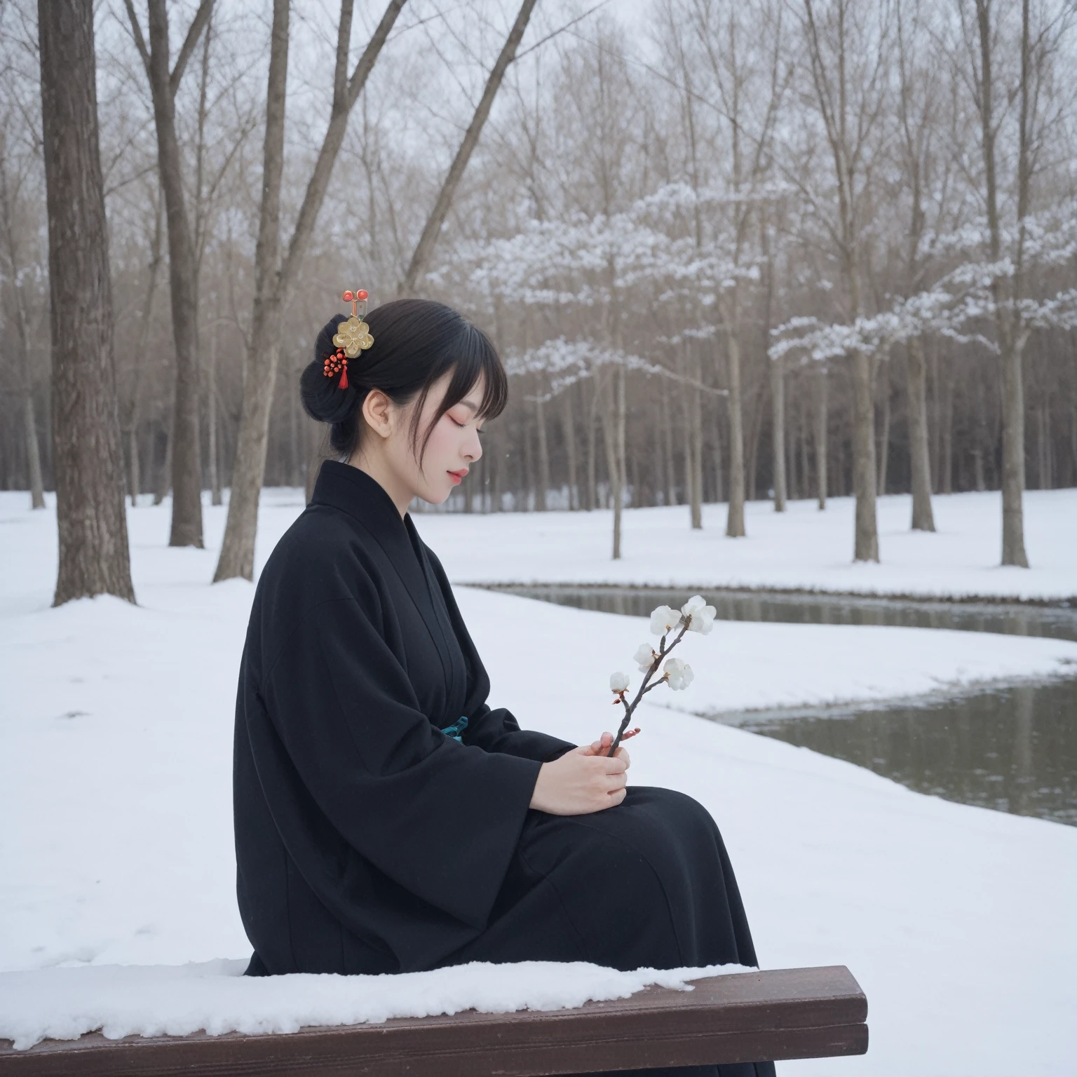 realistic,score_9, score_8_up, score_7_up, BREAK,
The image depicts a serene scene of a woman dressed in traditional Hanfu sitting in the snow. She is wearing a Hanfu with a blend of light blue and dark blue, complemented by a matching belt. The woman is seated cross-legged on a twisted, brown tree branch, with the tree’s branches contorted and adorned with white flowers. She has an ornate hairpin in her hair and appears to be enjoying the moment, eyes closed. In her hands, she holds a few plum blossoms. The background features a white snowscape and a small river, with several trees in the distance also bearing white flowers.
