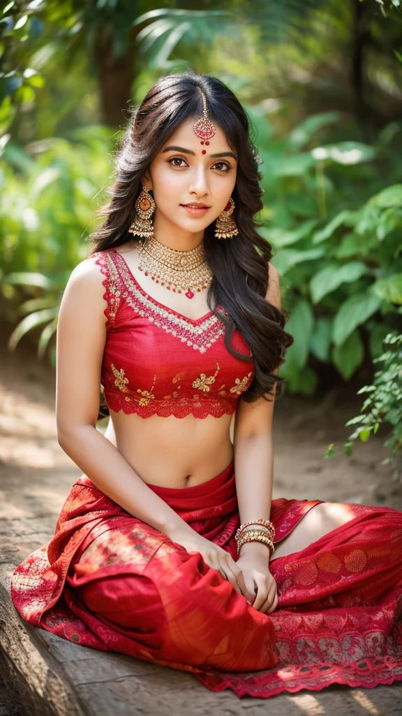 8K, ultra high detailed, an indian girl, cute face, happy, long hair, impressive hairstyle, detailed eyes, detailed lips, indian clothes, lahenga, with lahenga,red choli ,lace, flower jewellery, nature background, flowers, afternoon, shadow, clear weather, sitting, whole body capture,