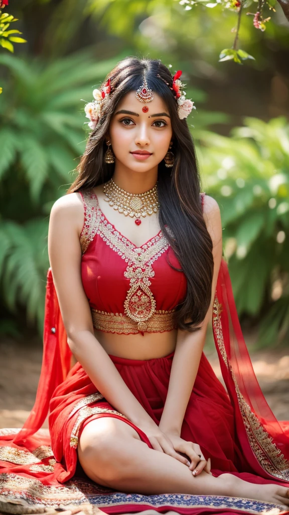 8K, ultra high detailed, an indian girl, cute face, happy, long hair, impressive hairstyle, detailed eyes, detailed lips, indian clothes, lahenga, with lahenga,red choli ,lace, flower jewellery, nature background, flowers, afternoon, shadow, clear weather, sitting, whole body capture,