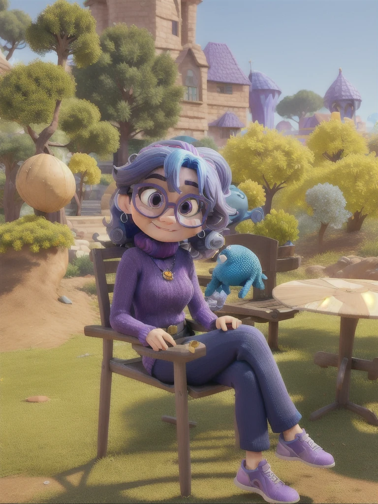 3d cartoon character of woman from disney pixar style amusingly, with blue skin, glasses with purple rims, straight blue hair, very strong and wavy at the ends, beige knitted blouse with black turtleneck, black pants .