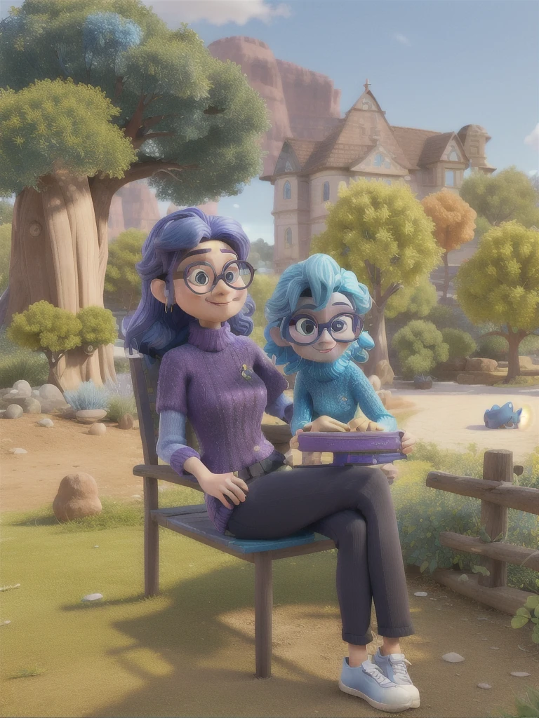 3d cartoon character of woman from disney pixar style amusingly, with blue skin, glasses with purple rims, straight blue hair, very strong and wavy at the ends, beige knitted blouse with black turtleneck, black pants .