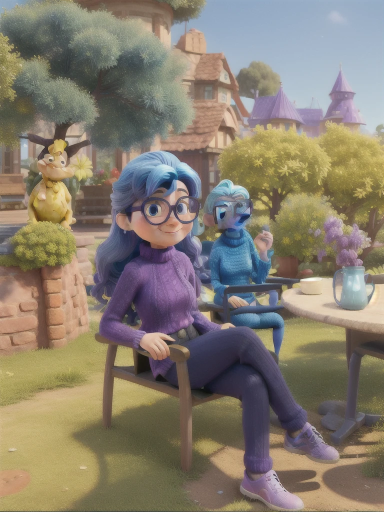 3d cartoon character of woman from disney pixar style amusingly, with blue skin, glasses with purple rims, straight blue hair, very strong and wavy at the ends, beige knitted blouse with black turtleneck, black pants .