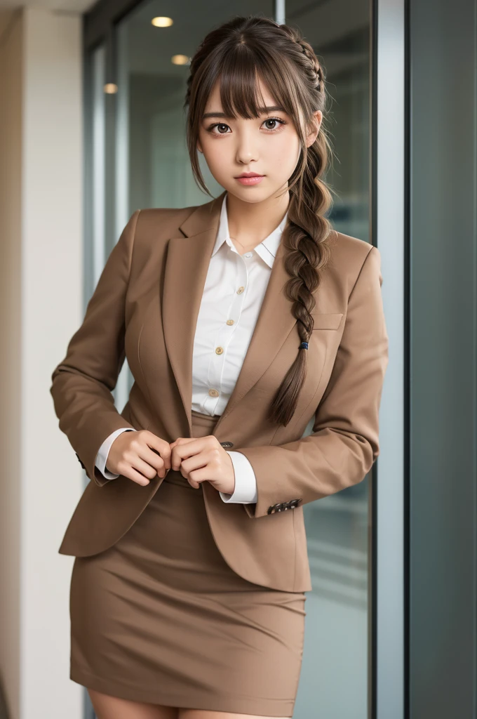 masterpiece, best quality, 1 girl, solo, teenager, large breasts, light brown eyes, bangs, brond hair, braids hair, office staff suit, jacket, pencil skirt, upper body, standing, office