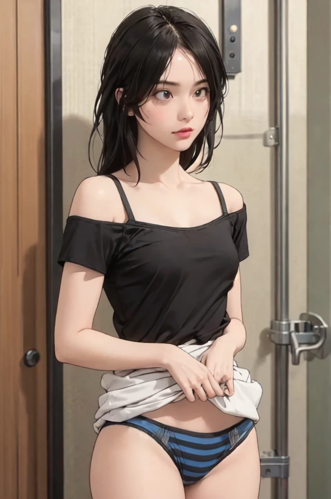 ((masterpiece, best quality)),((highres:1.2)), 1 Girl, solo, Cowboy Shot, Blurred Background, (((Small breasts))), Thighs, (Stripe underwear), ((lift the Shirts:1.3)), Off the shoulder, sexy One Shoulder T-Shirts