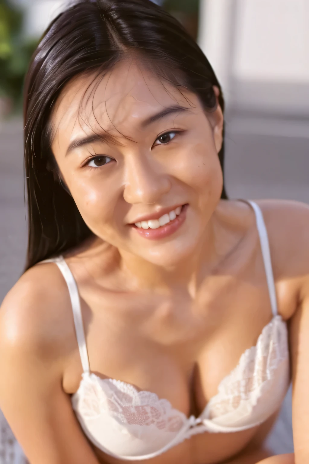 ((highest quality、8K resolution、master masterpiece、portrait:1.3)), Photoreal, 35mm film, 1 Japanese female, Upper body、on the street during the day,tassel 、 wrinkles around the eyes, plump body、smile,((white bra_panties:1.3)) , (outdoor:city street 1.3), jumbled background,look at the audience,Tokyo cityscape:1.3,smile