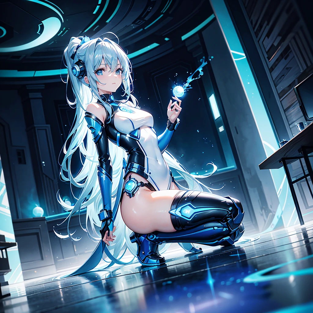 8K, Highest quality, (real:1.4), Original photo, 1 girl, Asari Hair, Biological Amplifier, Very sleek and futuristic armor, posture: Peace talks between warring factions,,attention arousal, smart blue eyes,A modest smile,Knee-high boots,Patent-look blue tights,Blue big moon and blue light swirl in the background,Blue light from behind,blue light magic,A small, glowing blue ball in the palm of your hand,Blue flame swirl,Blue Comet,Polished floor,