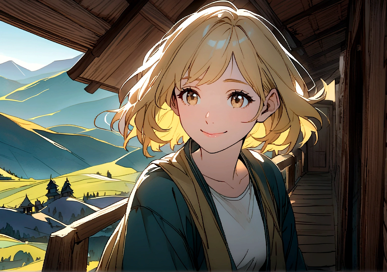 Create an illustration of A YOUNG girl who has blonde short hair, she has a kind smile, In a quiet village nestled between mountains