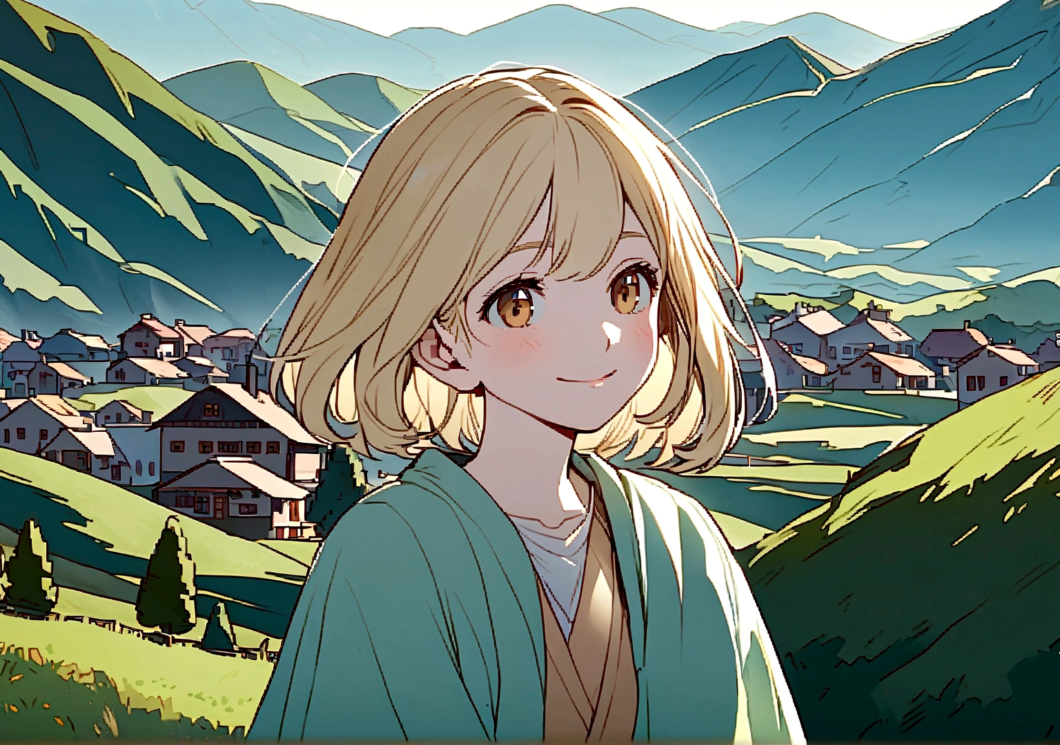 Create an illustration of A YOUNG girl who has blonde short hair, she has a kind smile, In a quiet village nestled between mountains