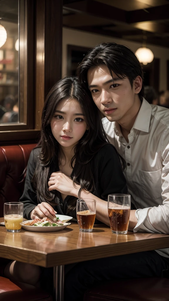 A black-eyed Korean man and a woman (Megan fox) blue-eyed, wearing elegant clothes, in Greece at night, Selfie, having a drink, boyfriends