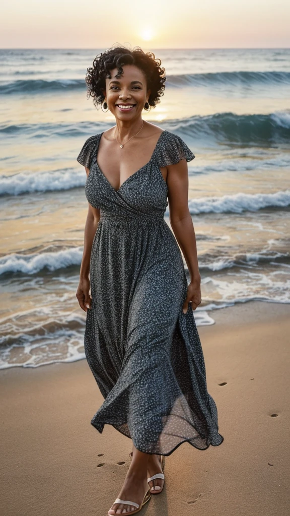 **"A stunning 58-year-old woman with black curly hair, styled in a chic updo, smiling warmly. She is standing on a beautiful beach at sunset, with the ocean waves gently crashing behind her. She is wearing a stylish summer dress that accentuates her confident and elegant presence."**