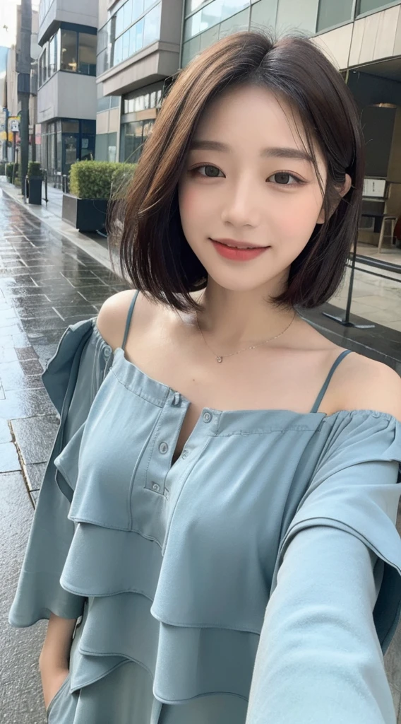 ((Highest quality, 8K, masterpiece:1.3)), concentrated: 1.2, Perfect Body Beauty: 1.4, Hips: 1.2, ((Layered Haircut, chest: 1.2)), (Wet clothes: 1.1), (rain, street:1.3), Bandeau dress: 1.1, Highly detailed face and skin texture, Beautiful Eyes, double eyelid, Whitening skin, Long Hair, (shut up: 1.3), smile