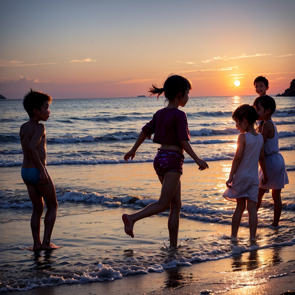 sunset on the sea with children playing in the water