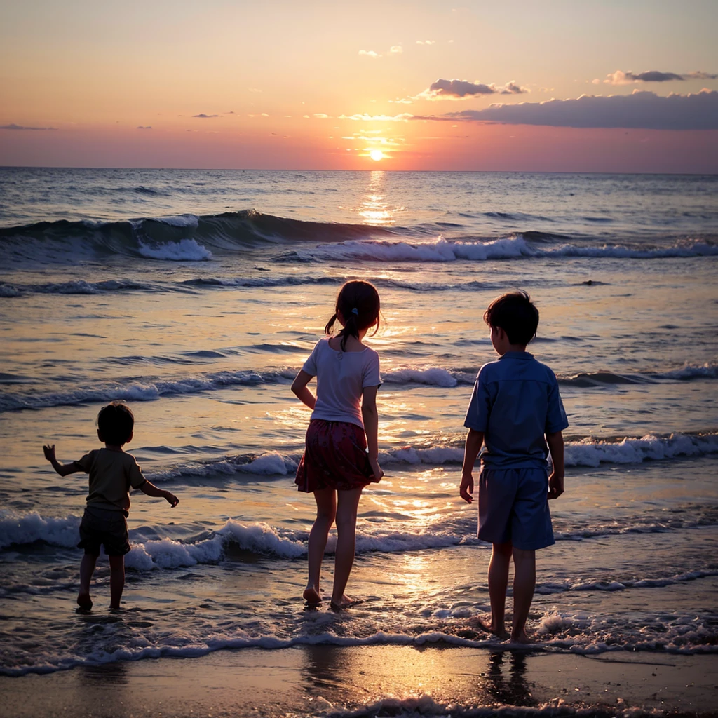 sunset on the sea with children playing in the water