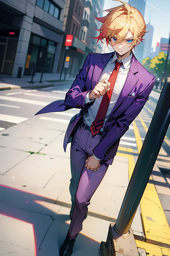 1male , Multicolored Hair , Purple Hair , Blonde Highlighted Hair , Serious Expression , Pale Green Blaze , Red Tie , Grey Pants , White Button Up Shirt , Modern city background , Standing on sidewalk , Perfect Generation , Blue Eyes