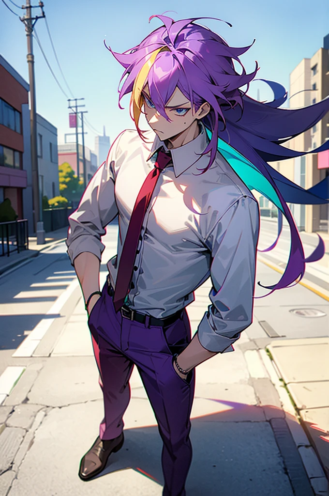 1male , Multicolored Hair , Purple Hair , Blonde Highlighted Hair , Serious Expression , Pale Green Blaze , Red Tie , Grey Pants , White Button Up Shirt , Modern city background , Standing on sidewalk , Perfect Generation , Blue Eyes