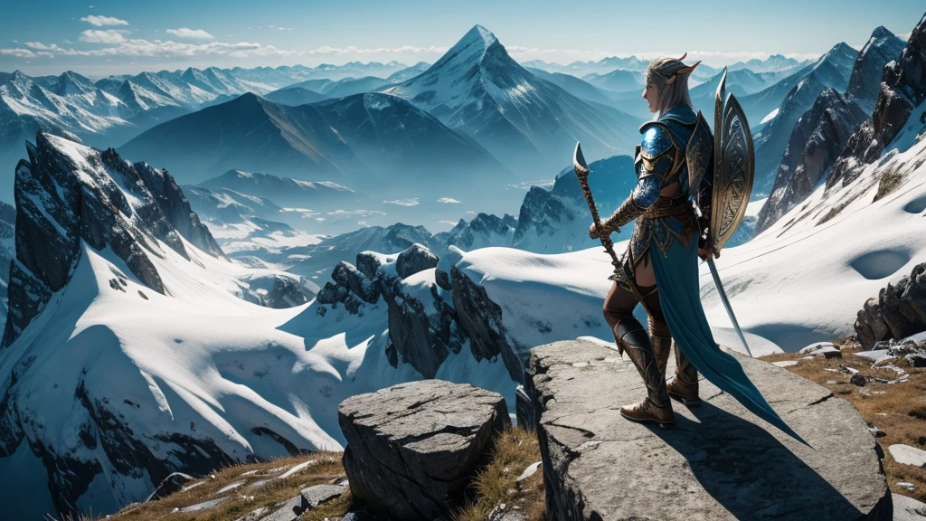 A majestic elven warrior, adorned in shimmering armor and wielding a legendary sword, stands atop a mountain peak, surveying the vast landscape below.