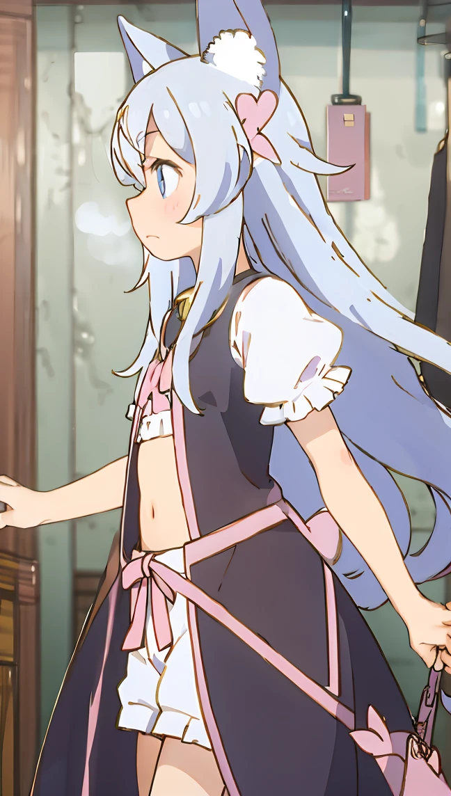 Naked, smoll stature, flat cheast, white hair