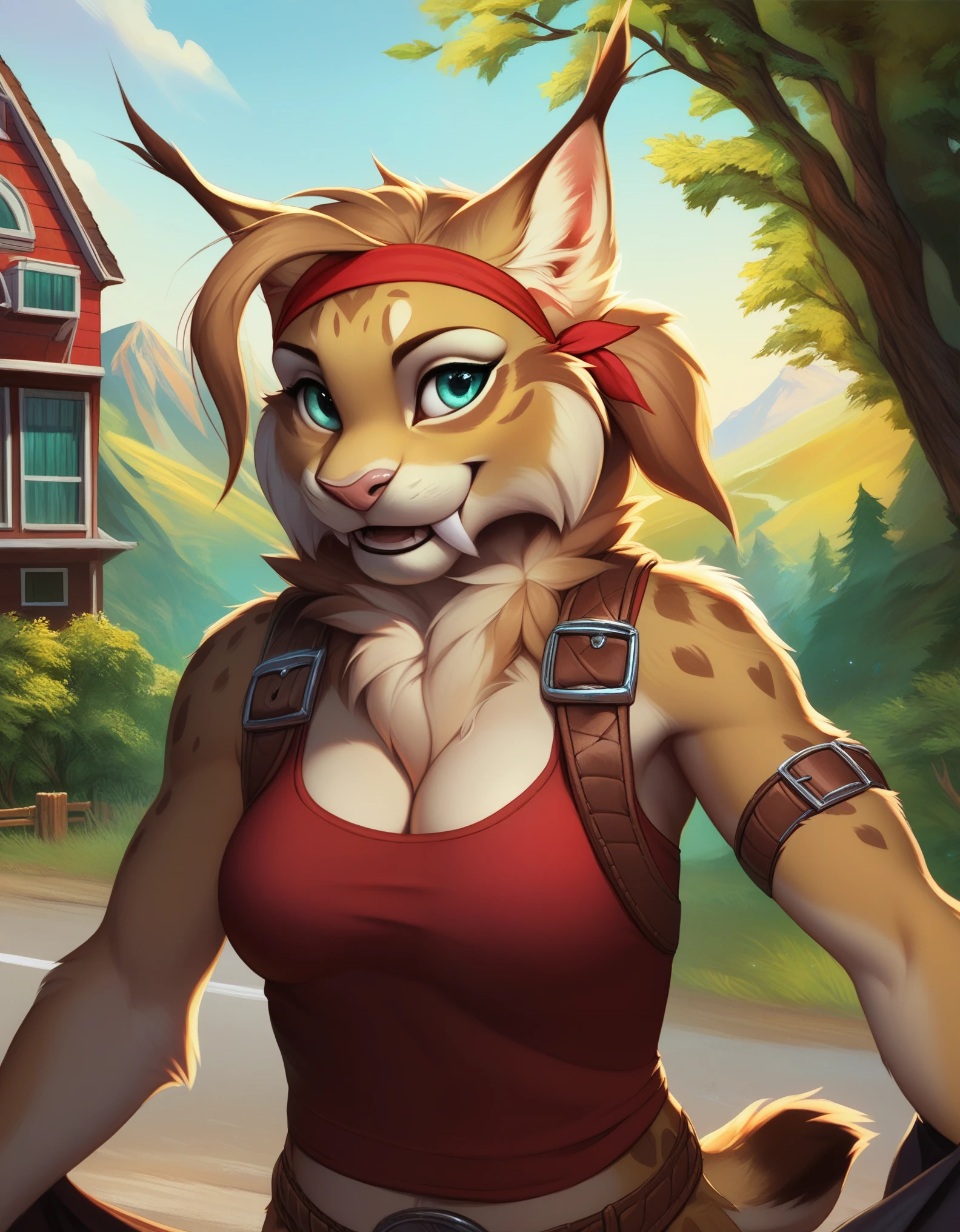 doubletroublexl, jade (kabscorner), 1girl, lynx, source_furry, realism, cowboy shot, belt across breasts, white and red shirt, headshot, upper body, face focus, solo, pulling on headband, female focus, happy, tan fur, red headband, short blond hair with fringe, white and red tank top, brown leather boob strap, thigh and arm straps, green outdoors background with trees and a wooden fence fence, clearing, road, building, detailed fur, score_9, score_8_up, score_7_up,