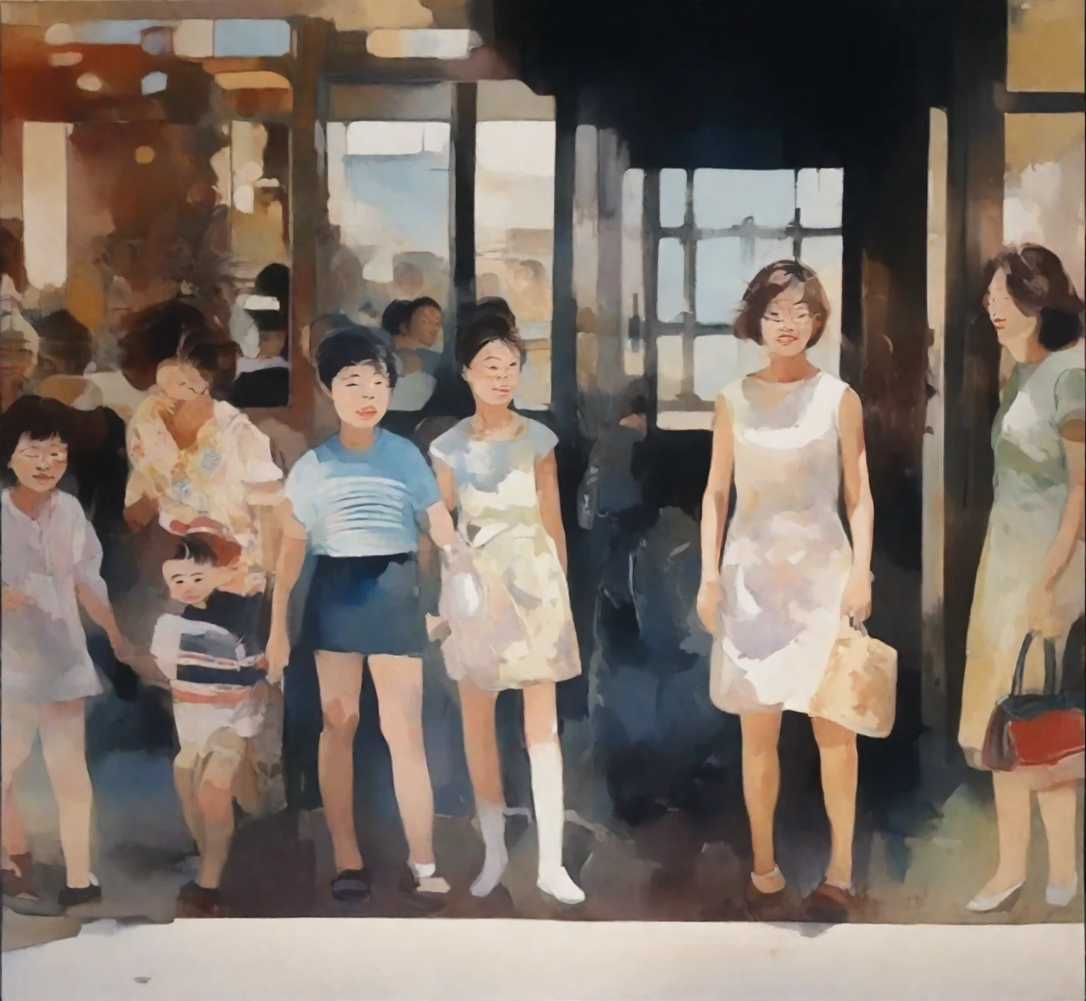 painting of a group of people standing in front of a store, by Kim Myeong-guk, by Gang Hui-an, by Mei Qing, by Ni Yuanlu, by Sim Sa-jeong, by Ni Zan, inspired by Wang Ximeng, inspired by Jiao Bingzhen, artwork of a hong kong street, by Tan Ting-pho