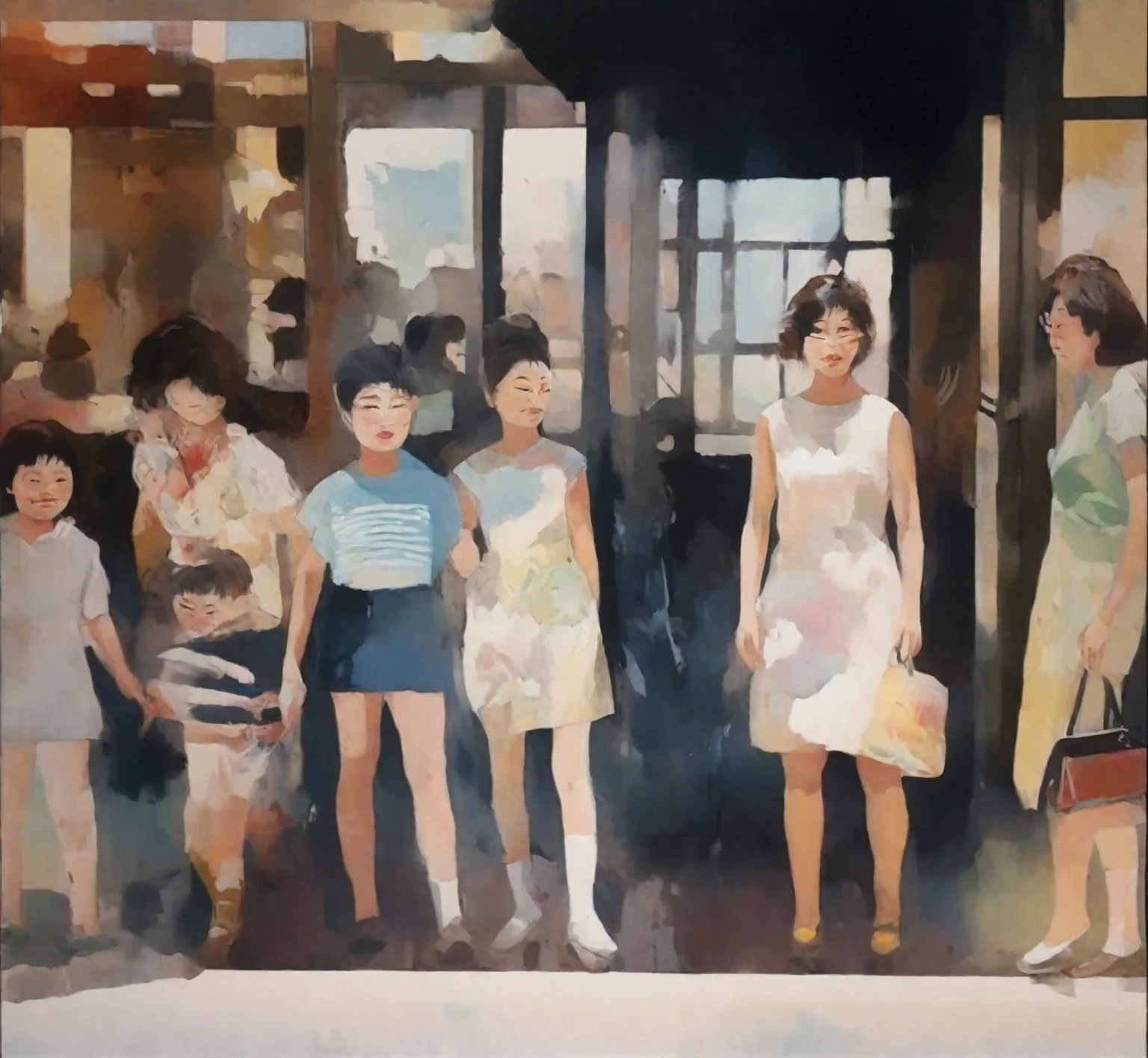 painting of a group of people standing in front of a store, by Kim Myeong-guk, by Gang Hui-an, by Mei Qing, by Ni Yuanlu, by Sim Sa-jeong, by Ni Zan, inspired by Wang Ximeng, inspired by Jiao Bingzhen, artwork of a hong kong street, by Tan Ting-pho