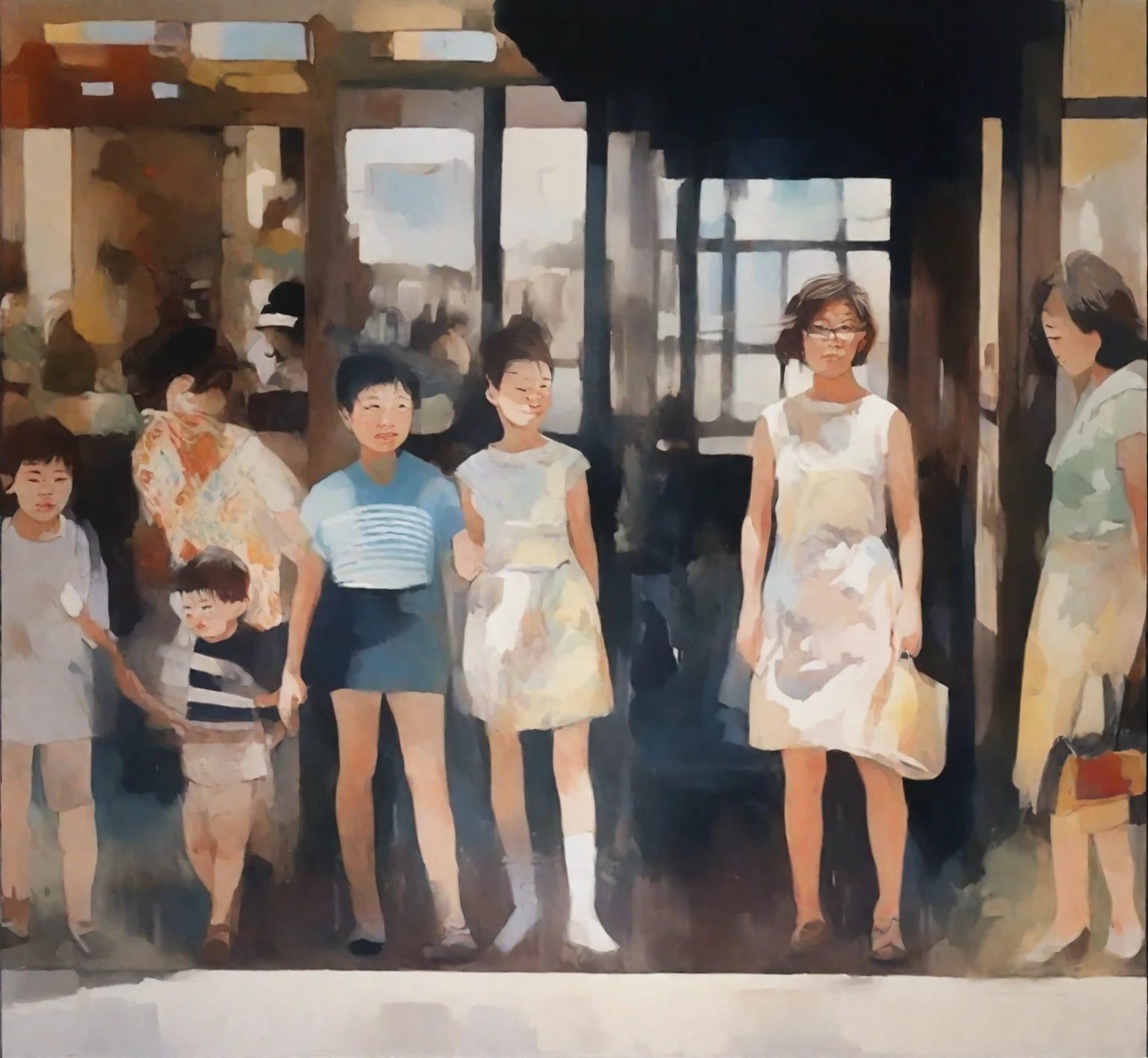 painting of a group of people standing in front of a store, by Kim Myeong-guk, by Gang Hui-an, by Mei Qing, by Ni Yuanlu, by Sim Sa-jeong, by Ni Zan, inspired by Wang Ximeng, inspired by Jiao Bingzhen, artwork of a hong kong street, by Tan Ting-pho