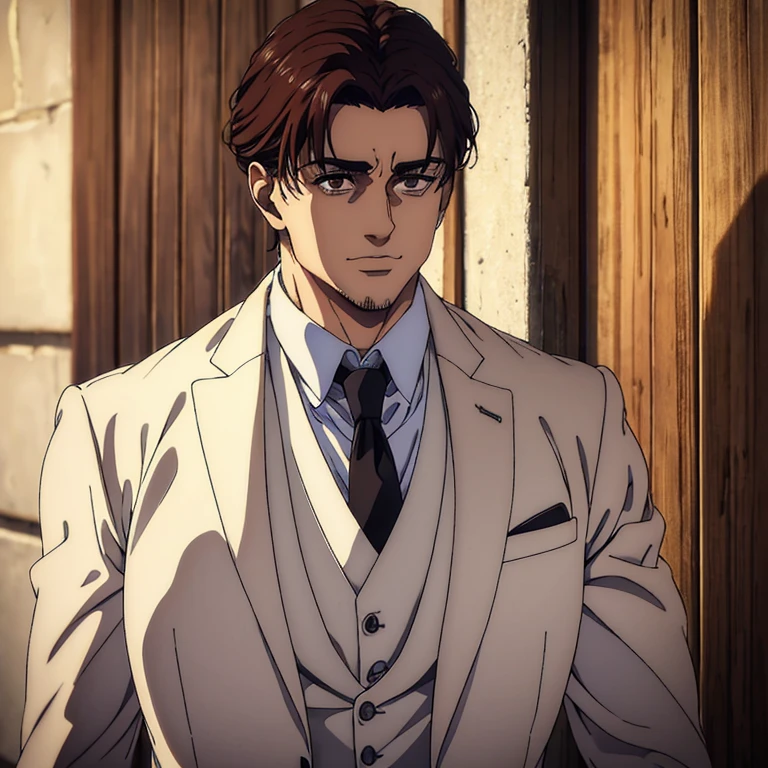 best quality,4k,8k,highres,masterpiece:1.2),ultra-detailed,(realistic,photorealistic,photo-realistic:1.37), a man , mappa art style, heart-shaped face with sharp jawline, brown almond-shaped eyes with positive canthal tilt , his hair are unique well styled, his hair color is dark brown, he looks handsome, he is fair, he has well built body, he is wearing white colour wedding three piece suit, he is slightly smiling, vibrant color, behind him a cabin