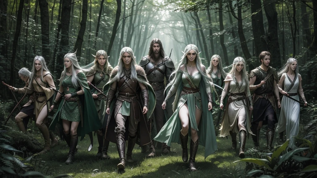 
In a mystical forest, a legendary elven warrior, with piercing green eyes and flowing silver hair, leads a group of fierce warriors into battle against a dark and powerful enemy.