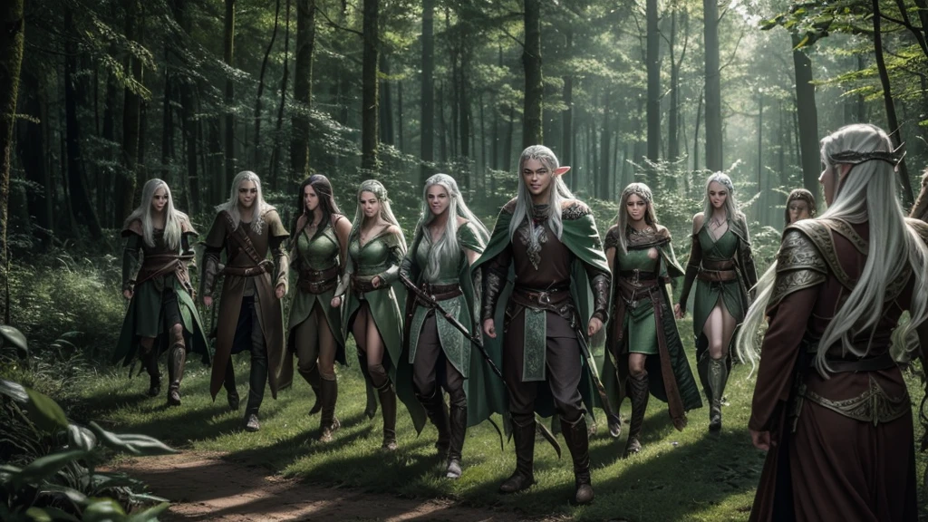 
In a mystical forest, a legendary elven warrior, with piercing green eyes and flowing silver hair, leads a group of fierce warriors into battle against a dark and powerful enemy.